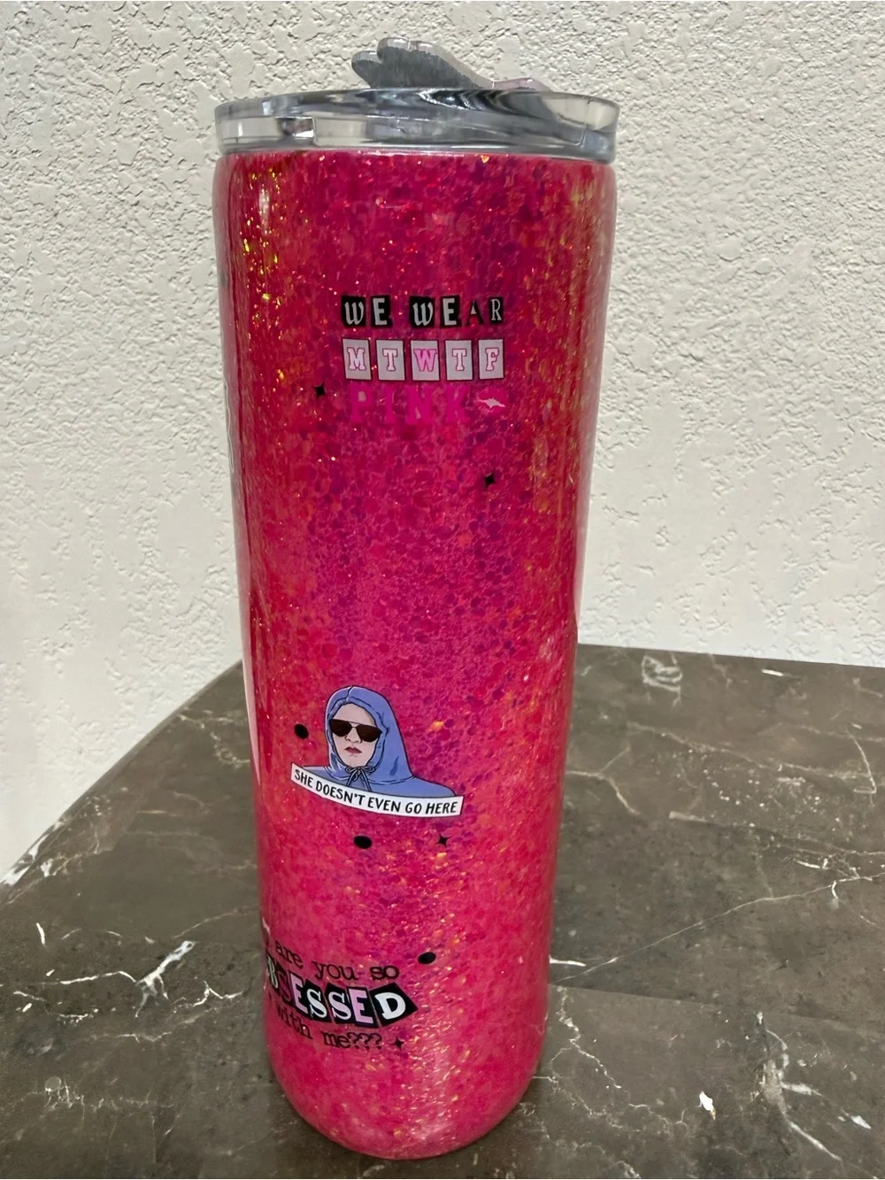 Mean Girls Pink Glitter 30 oz Skinny Tumbler Cup Handmade